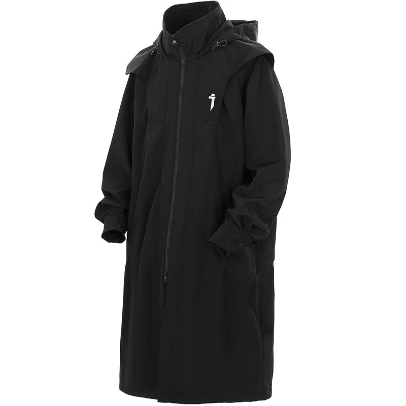 Casaco longo trench coat masculino com zíper duplo estilo mecânico, folgado e casual com capuz, ideal para um visual moderno e confortável.