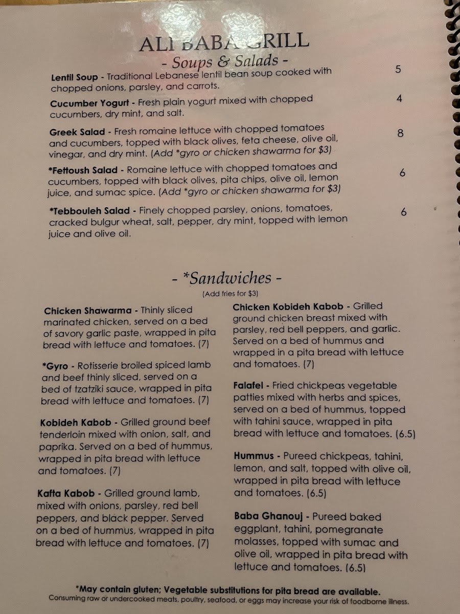 Ali Baba Grill gluten-free menu