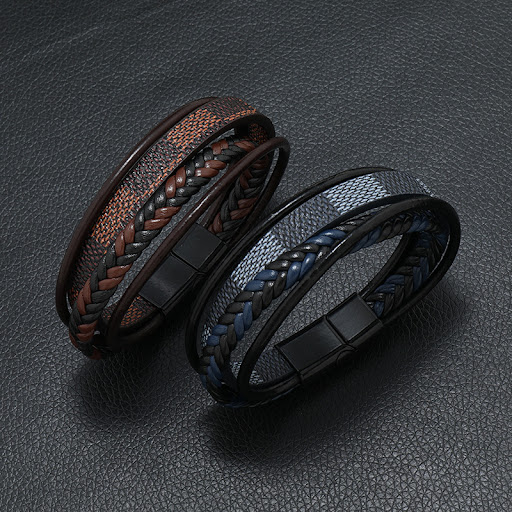 Title 5, Mens Authentic Leather Weave Striped Alloy Mag...