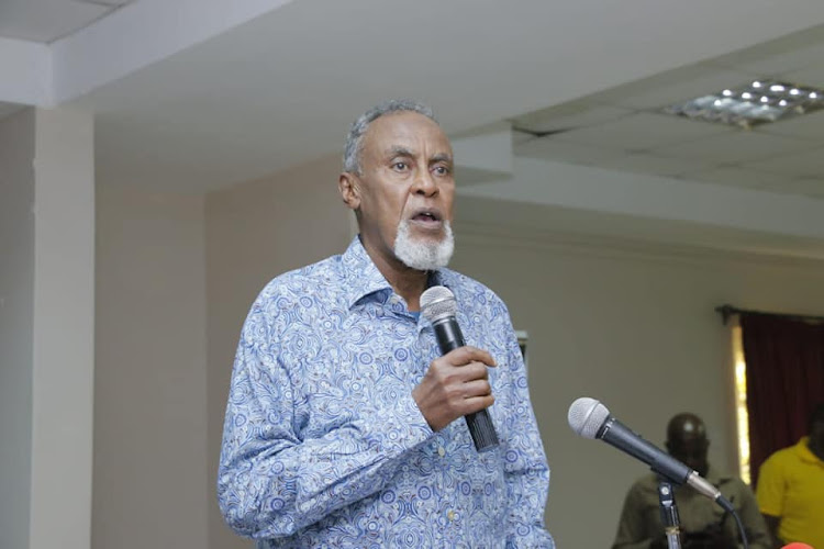 Garissa Senator Yussuf Haji speaking during a consultative forum for peace and security aimed at countering violent extremism on Monday.