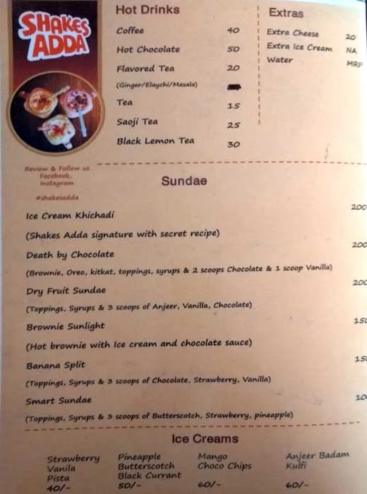 Shakes Adda menu 