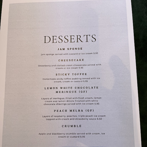 Dessert Menu - includes 
GF Lemon White Meringue and 
GF Peach Melba