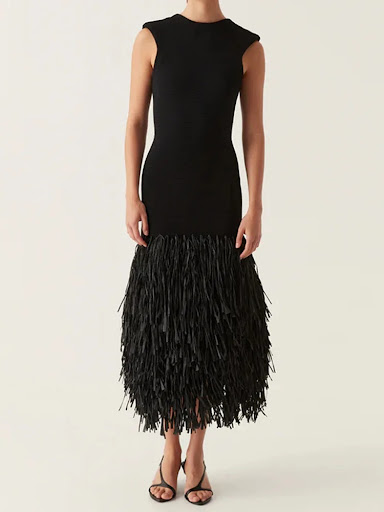 Title 3, Solid Color Hem Fringe Knitted Halter Dress