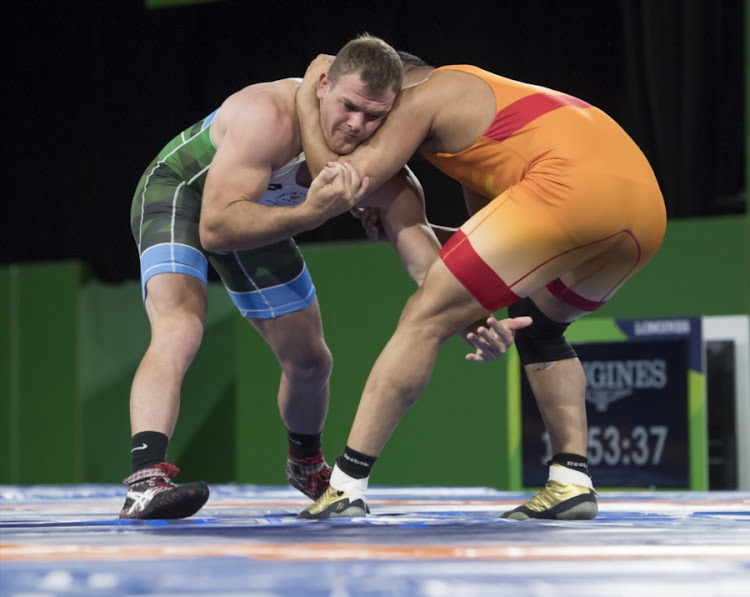 Martin Erasmus of South Africa in action during 97kg Freestyle Wrestling Final's on day 9 of the Gold Coast 2018 Commonwealth Games at Gold Coast Hockey Centre on April 13, 2018 in Gold Coast, Australia.