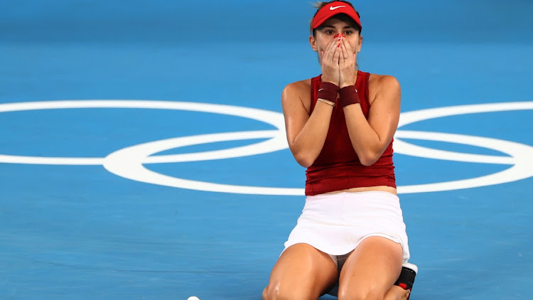 Belinda Bencic of Switzerland celebrates after winning her semifinal match against Elena Rybakina of Kazakhstan at the tokyo Olympic in Japan on July 29 2021. Picture: REUTERS/EDGAR SU