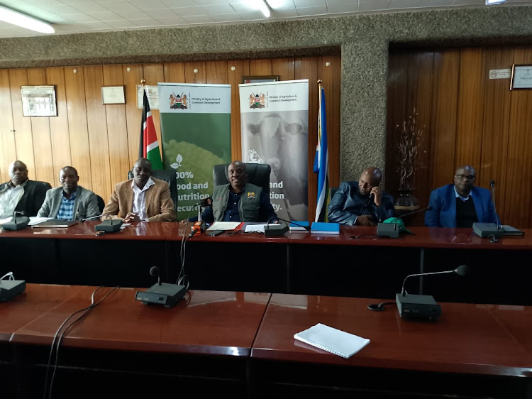 Agricultural Principal Secretary Dr Paul Ronoh with other departmental heads addressing the press on April 6, 2024.