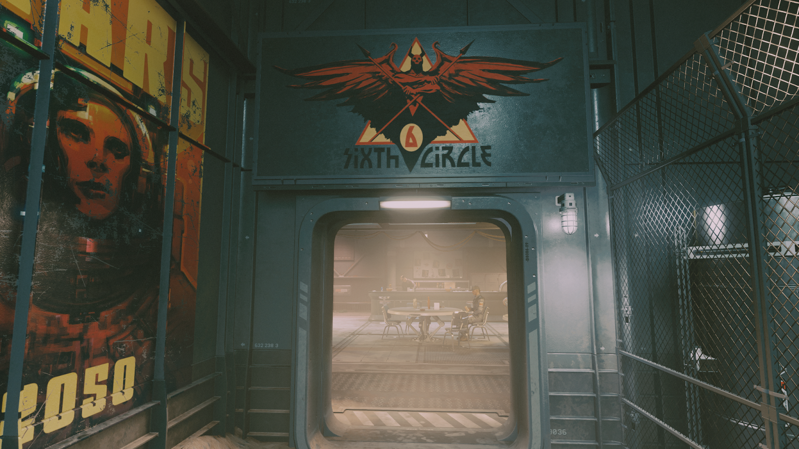 An in game screen shot of the Sixth Circle bar in the city of Cydonia from the game Starfield. 