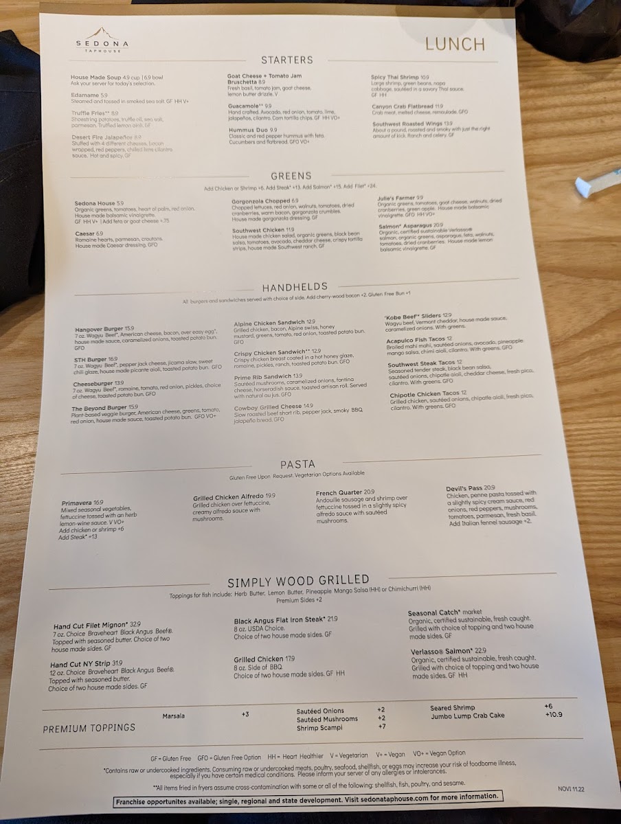 Sedona Taphouse gluten-free menu