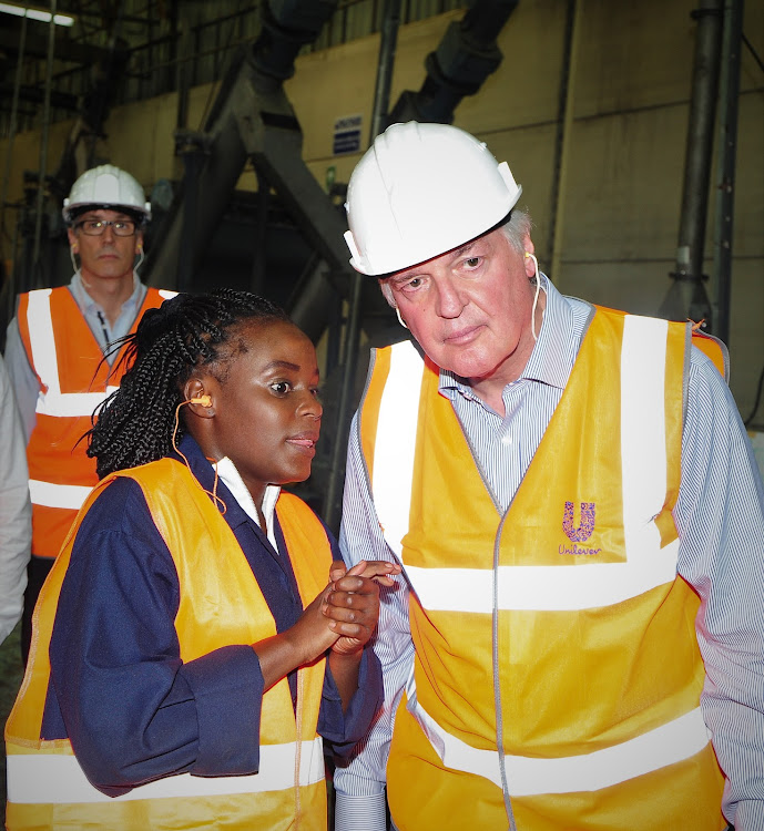 Mr.Green Africa head of supply chain Stephanie Atika and President and CEO Unilever (Plc) Paul Polman during a visit at the firm's Industrial Area plastic waste recycling plant yesterday/Courtesy