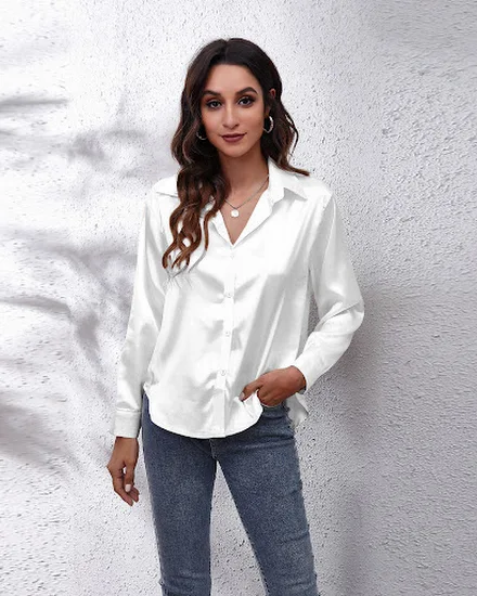 Satin Shirt Silk Top Elegant and Comfortable Long Sleeve ... - 1