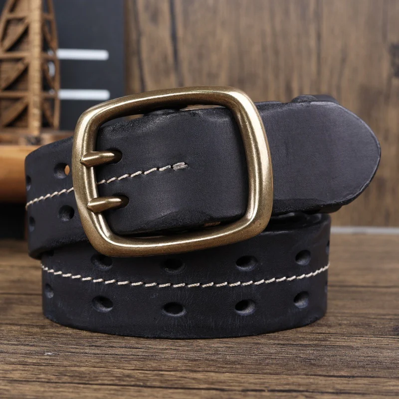 Retro gepersonaliseerde leren herenriem met dubbele messing gesp, stiksels en eerstelaags rundleer.