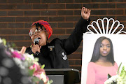 Rhodes student Nhlakanipho Mahlangu speaking at the  funeral service of  Khensani Maseko (insert). 