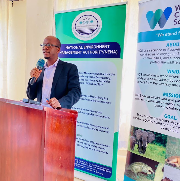 NEMA'S Executive director Dr Akankwasa Barirega speaking at the Launch of the dissemination of the National Environment act.