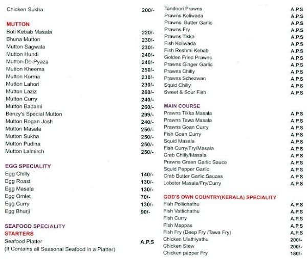 Benzy's Family Restaurant, 2nd Cross menu 