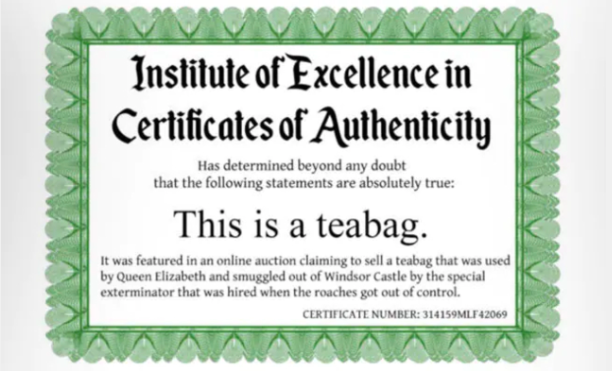 The teabag's certificate of authenticity.