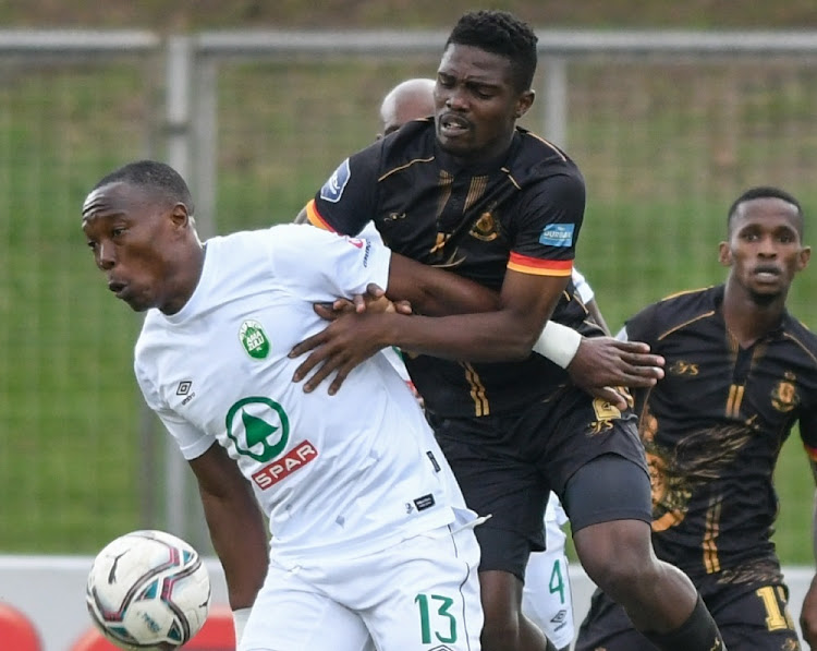 Philani Zulu of AmaZulu FC and Tshepo Rikhotso of Royal AM FC during match at Chatsworth Stadium in Durban, April 24 2022. Picture: DARREN STEWART/GALLO IMAGES