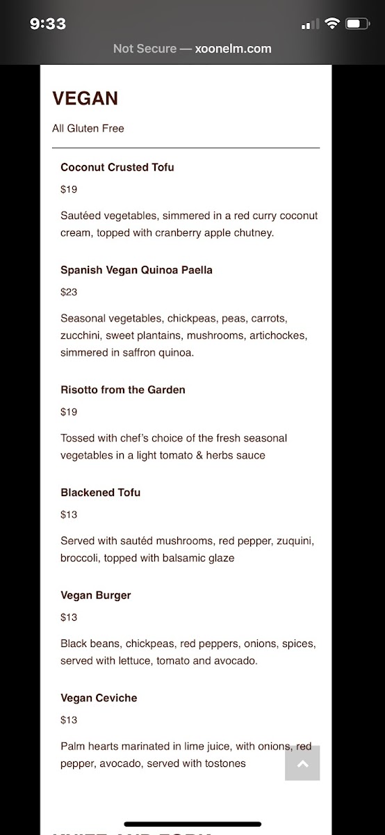 XO On Elm gluten-free menu