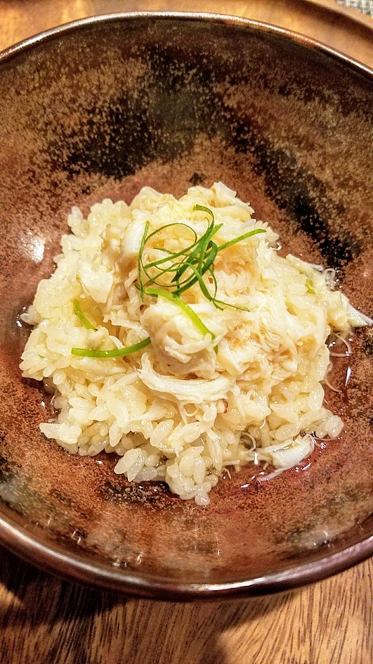 Nodoguro Princess Mononoke Sousaku Course 10, Rice for Gold dish, with locally harvested Dungeness Crab, Wasabi, Mitsuba