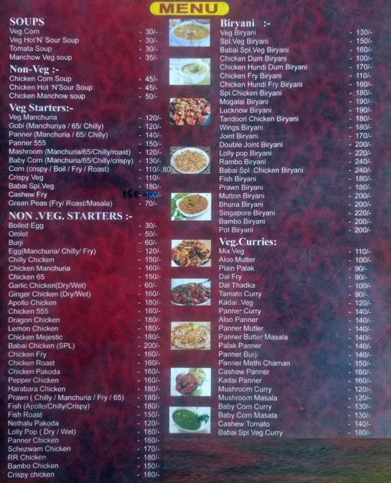 Babai Hotel menu 