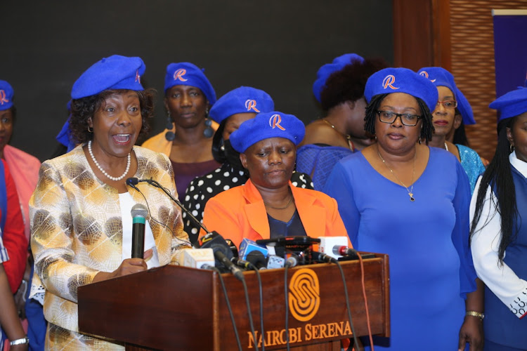 Kitui Governor Charity Ngilu address the media flanked by Senator Getrude Masuruve and Janet Ongera during the Launch of Azimio Women Movement on February 10.