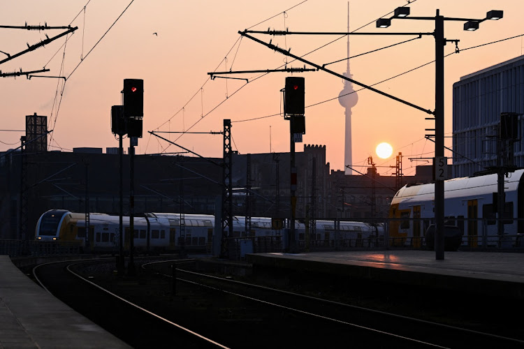 An ODEG train arrives while the other departs from the main train station during a nationwide strike called by Germany's train drivers union GDL over wage increases, in Berlin, Germany, March 7, 2024. Picture: REUTERS/Annegret Hilse