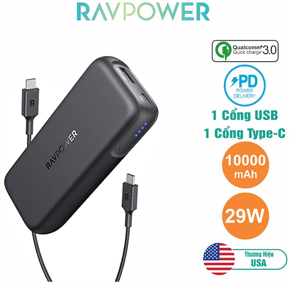 Pin Sạc Dự Phòng Nhỏ Gọn RAVPower 10000mAh Quick Charge 3