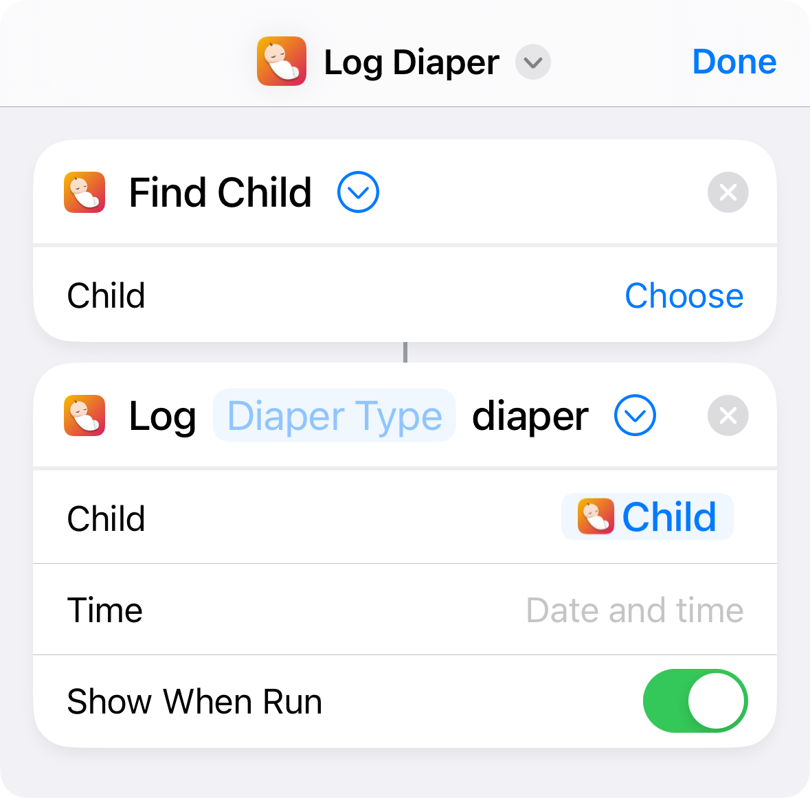 Screenshot of a Shortcut with Find Child and Log Diaper actions