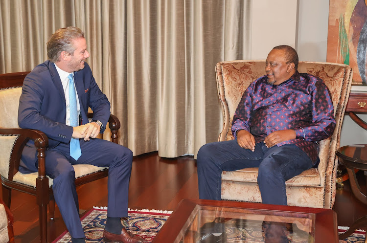 Retired President Uhuru Kenyatta with French Ambassador Arnaud Suquet on April 27,2024.