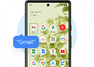 Android home screen with multiple icons visible. One icon is highlighted with a blue square and reads out "Gmail" with a blue speech bubble.