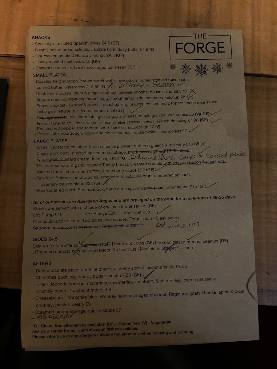 The Forge gluten-free menu