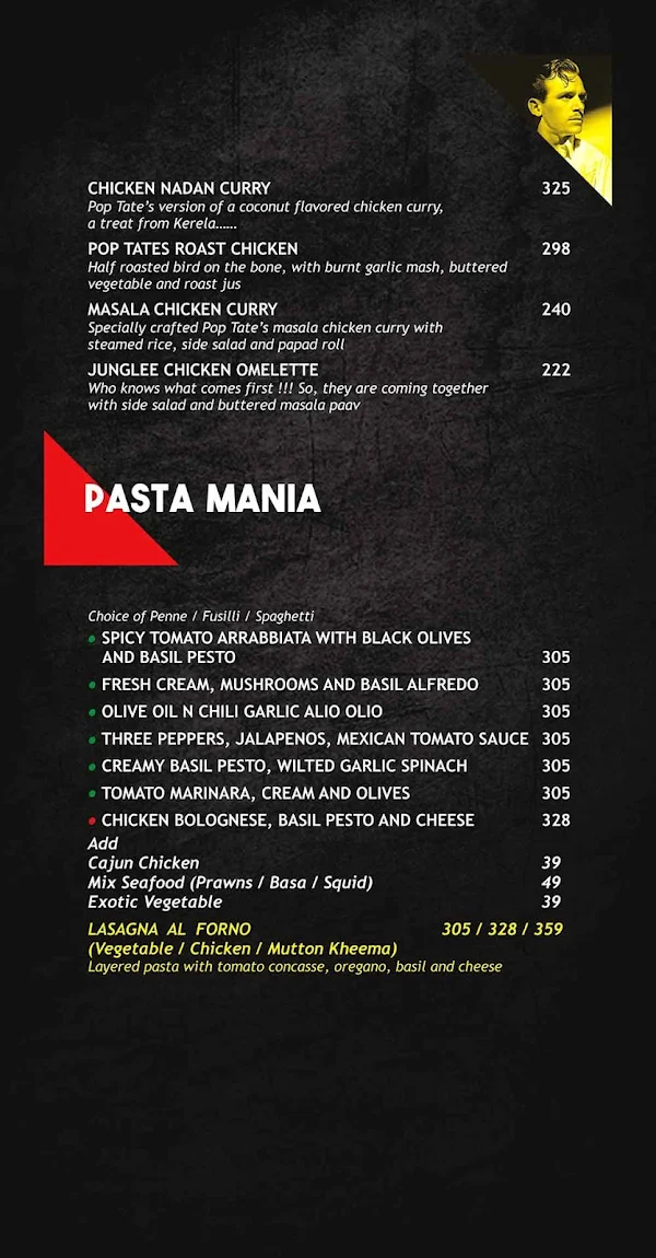 Pop Tate's menu 