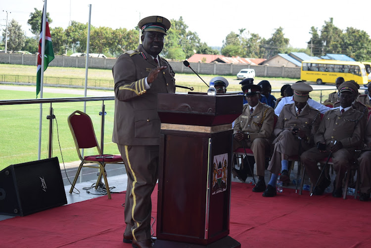 Homa Bay County Commissioner Moses Lilan speaks during Jamuri Day celebrations in Homa Bay town