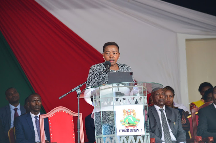 First Lady Mama Rachel Ruto speaking at the Kenyatta University during the memorial service of 11 students who died on a road accident on March 24, 2024.