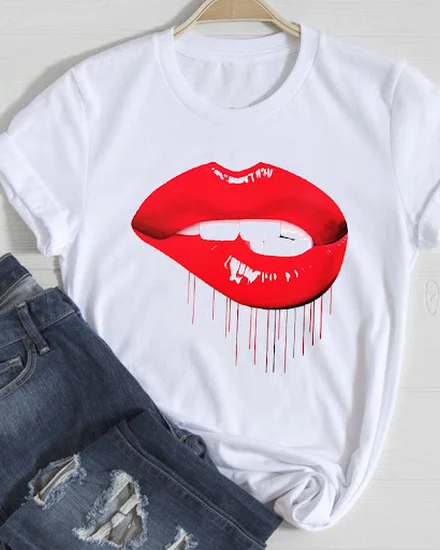 T-shirts Women Cartoon Sexy Lip Fashion Short Sleeve Spri... - 2