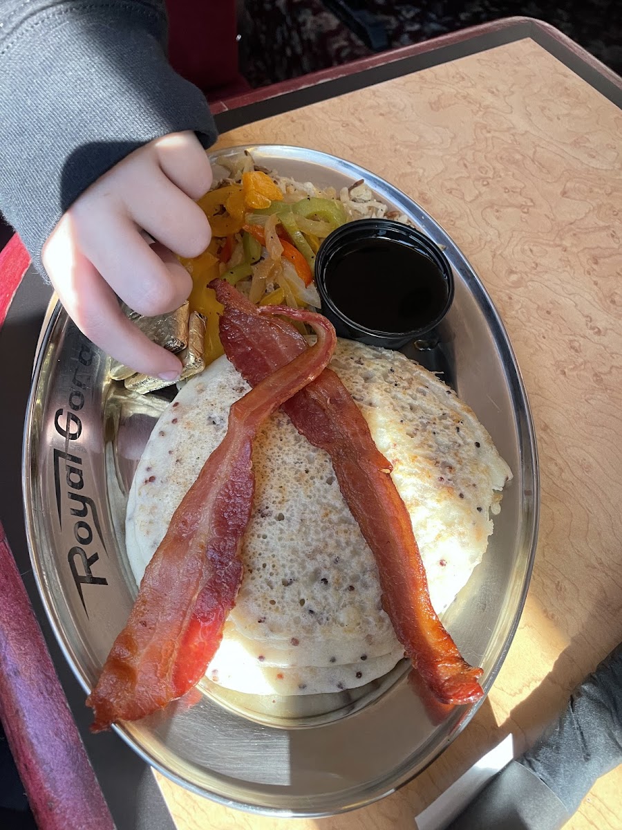 Gluten free pancakes with hashbrowns and bacon