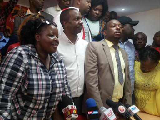 Bishop Margaret Wanjiru, Nairobi Senator Mike Sonko and Dagoretti MP Dennis Waweru among leaders at the Jubilee Party offices, March 17, 2017. /MONICAH MWANGI