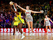 Latanya Wilson of Jamaica and Proteas vice-captain Karla Pretorius compete for the ball in their 2023 Netball World Cup pool C match at Cape Town International Convention Centre Court 1 on July 30 2023. 