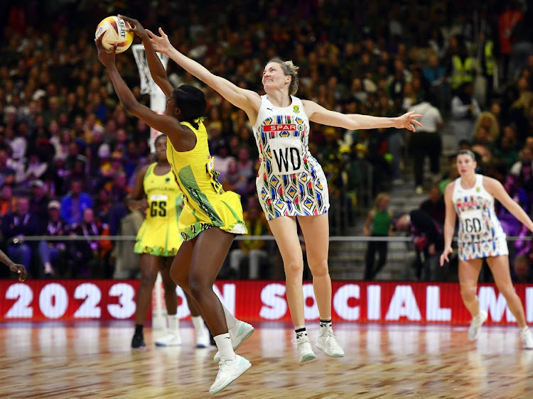 Latanya Wilson of Jamaica and Proteas vice-captain Karla Pretorius compete for the ball in their 2023 Netball World Cup pool C match at Cape Town International Convention Centre Court 1 on July 30 2023.