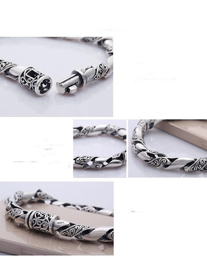 Title 2, 925 Silver Mens Hollow Tang Grass Pattern Chai...