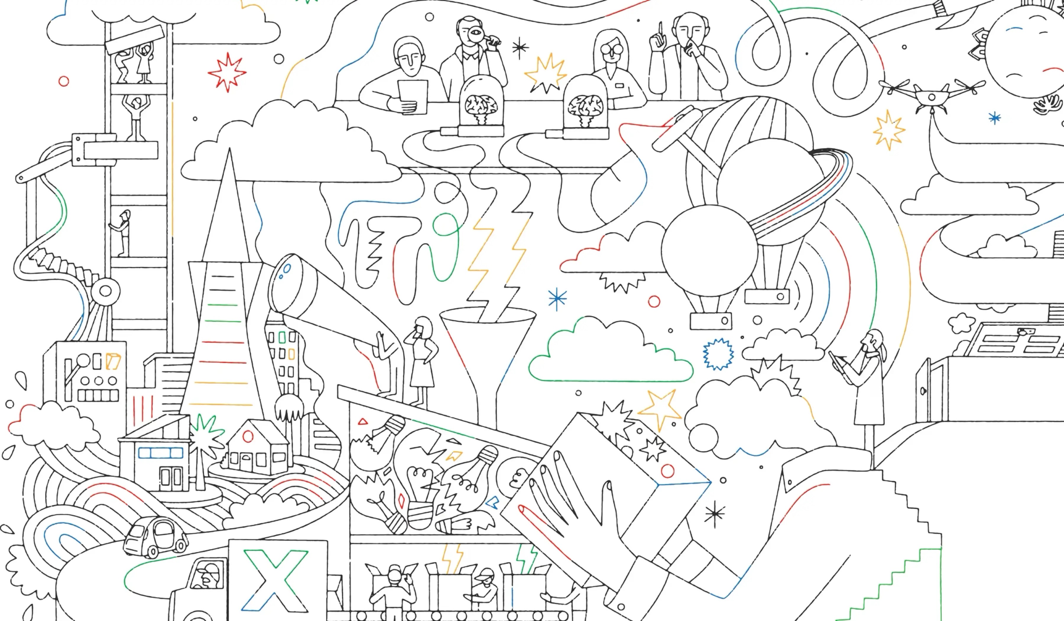 Line illustration of the factory and inventions