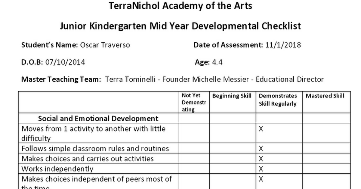 Oscar Traverso Junior Kindergarten 2018 Mid Year Developmental Checklist