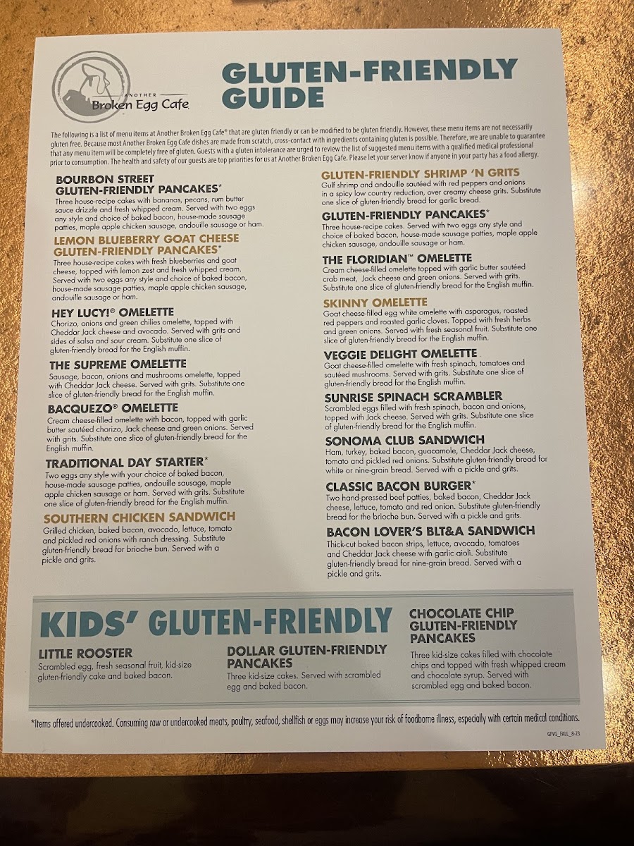 Gluten friendly menu