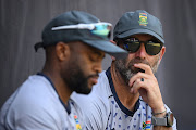 Proteas coach Rob Walter and captain Temba Bavuma during a net session on October 6 2023 in Delhi, India.