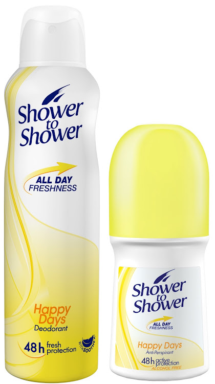 Shower To Shower Happy Days Deodorant Spray 150ml, R36; Shower To Shower Happy Days Roll-On 50ml, R20.