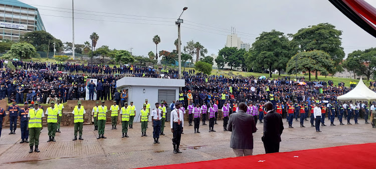 Private security guards mount a parade at Uhuru park during the mass registration exercise on March 30, 2024