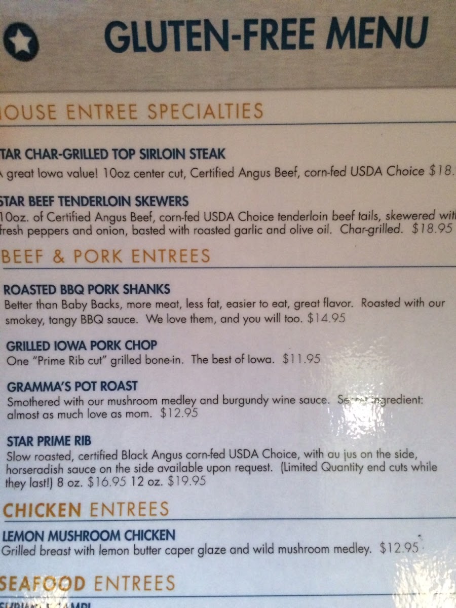 White Star Ale House gluten-free menu