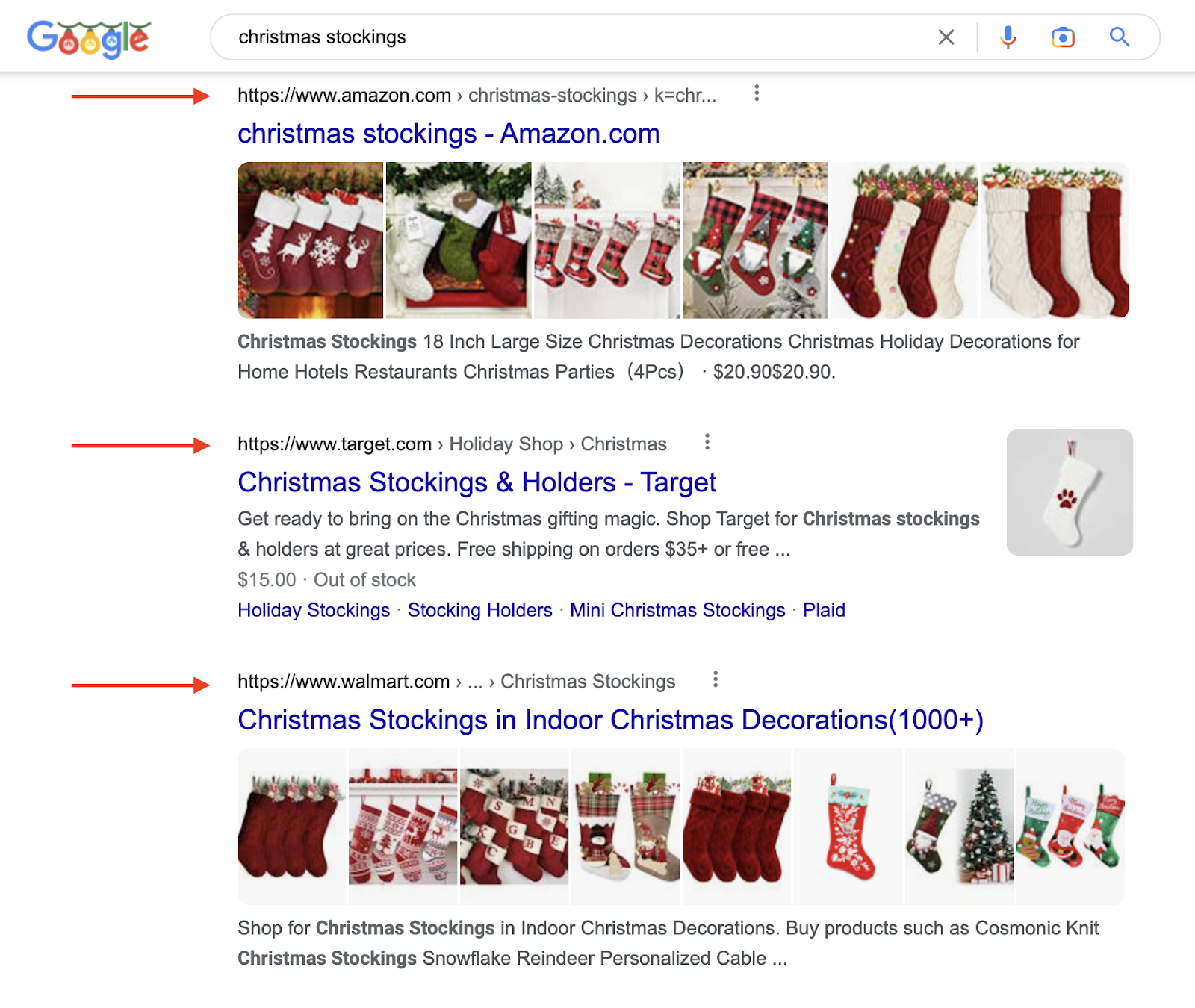 Christmas stocking SERP.