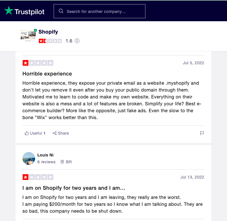 Shopify bad experience user review