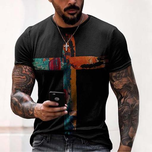 Title 2, Mens Cross Print Casual Crew Neck T-Shirt