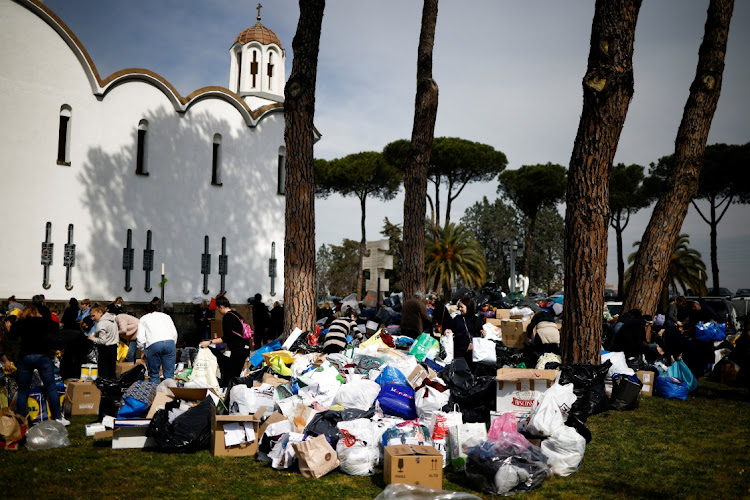 Humanitarian goods to be loaded onto trucks as first aid transport to Ukraine, following Russia's invasion, are seen at Santa Sofia church, a religious and cultural centre for Ukrainian expatriates in Rome, Italy, on March 3 2022.